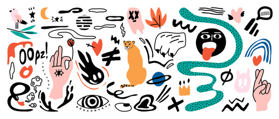 Obraz na płótnie Canvas Trendy fashion Hand drawn doodle vector set for banner, portrait photo decoration, social post and web. Vector illustration.
