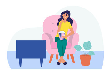 A young woman is sitting on the sofa, watching TV and eating popcorn. The concept of daily life, everyday leisure and work activities. Flat cartoon vector illustration.