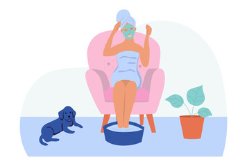 A young woman with a cosmetic mask on her face is sitting in a chair. The concept of home SPA, daily life, everyday leisure and work activities. Flat cartoon vector illustration.