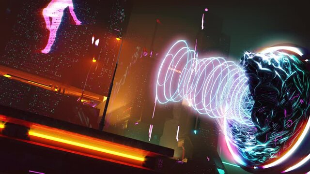 Car traveling through intergalactic portal, parallel universe, futuristic world. Night city, future, neon lights