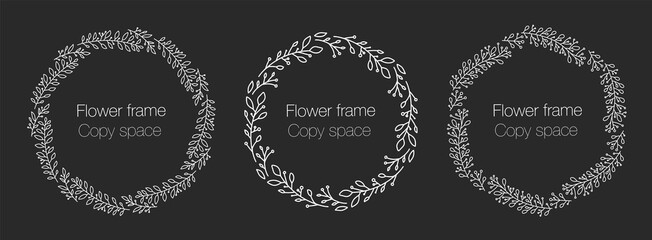 Vector vintage wreaths white on dark isolated. Collection of trendy cute floral frames. Graphic design elements for wedding invitations, prints, decorations, greeting cards. Hand drawn round wreath