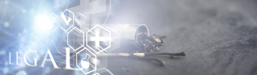 Legalized drugs. Medical prescription smoking drugs. Smoking pipe. A package of narcotic herbs for...