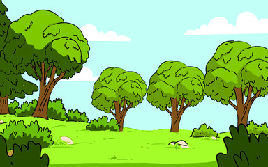 In this vector graphic is a field with trees,vector,cartoon.
