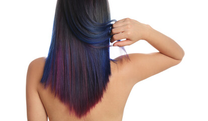 Fototapeta premium Young woman with bright dyed hair on white background, back view. Closeup