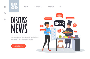 waitress and chef cook discussing daily news chat bubble communication concept horizontal full length copy space vector illustration