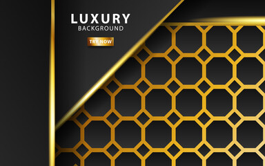 modern premium technology dark abstract background banner, with gold line and golden rays, overlap layer in paper effect on textured gold hexagon background.vector illustration.