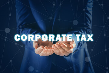 Corporate tax concept. Man on color background, closeup
