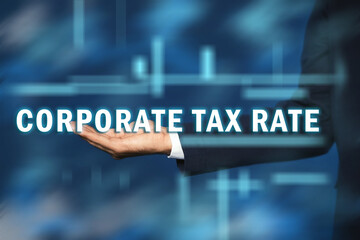 Corporate tax rate. Man against color background, closeup