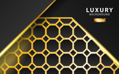 modern premium technology dark abstract background banner, with gold line and golden rays, overlap layer in paper effect on textured gold hexagon background.vector illustration.
