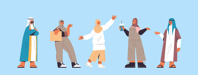 set arabic people in traditional clothes arab men women standing pose male female cartoon characters collection full length horizontal vector illustration