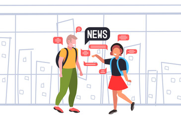 schoolchildren couple chatting during meeting discussing daily news chat bubble communication concept cityscape background horizontal full length vector illustration