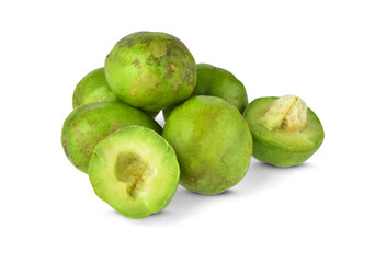 Chebulic Myrobalans, Myrolan Wood (Terminalia chebula Retz.) Fruit, medicinal properties. isolated on white background.