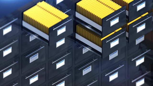 Archive drawers opening and closing, information storage, data center, bureau. Searching through archive folders