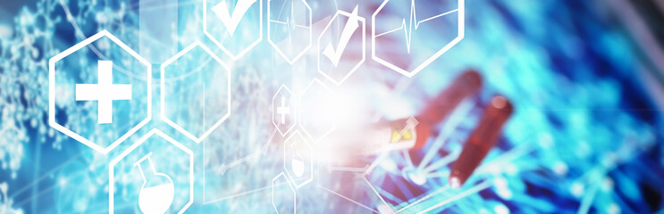 Test tube with patient blood for testing. Analysis for the virus. Coronavirus pandemic laboratory...