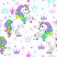 Hand-drawn seamless pattern with unicorns clouds, hearts, bow, diamond, crowns. Cute baby and little princess design. Children's room wallpaper and clothes texture.
