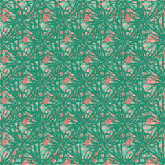 Vector abstract flower wall seamless vector pattern background. Dense textural green and pink backdrop of overlapping outline florals. Hand drawn mesh design. Botanical all over print for packaging