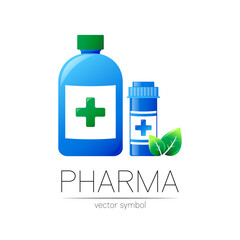 Pharmacy vector symbol with 2 blue pill bottles and cross for pharmacist, pharma store, doctor and medicine. Modern design vector logo on white background. Pharmaceutical icon logotype . Human health