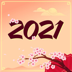 Chinese new year congratulation card, invitation, calendar design with 2021 letters, traditional decor elements cherry blossom tree branch, gold clouds, fan on yellow background. Vector illustration.