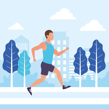 young man running athlete on the city avatar character