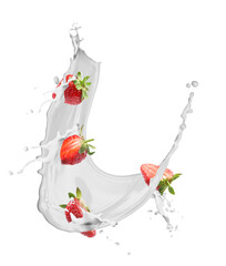 Fresh strawberries with milk splash on white background