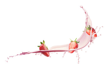 Fresh strawberries with milkshake splash on white background