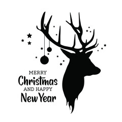 Christmas deer greeting card black silhouette. Merry Christmas and happy new year card .