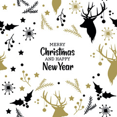 Christmas deer. Postcard with a deer and with a lettering of merry christmas.