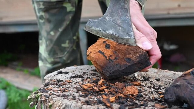 men's hands with an axe clean chaga mushroom birch fungus in the fresh air. step by step