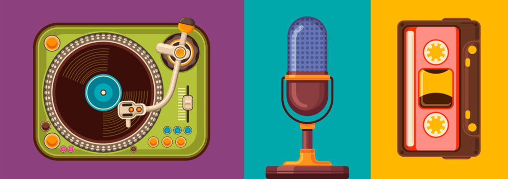 Retro musical devices in cartoon style design. Vector illustration.