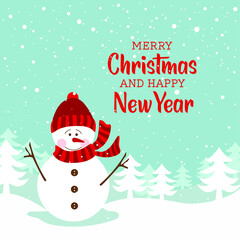 Holiday snowman, Merry Christmas and New Year typographical on background with winter landscape with snowflakes,  stars.Christmas card. Vector Illustration.