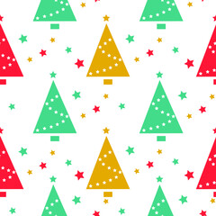 Christmas seamless pattern with colored stars and firs.
