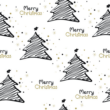 Christmas seamless pattern with stars and firs.