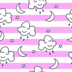 A hand-drawn seamless pattern with cute clouds, smiles, stars.