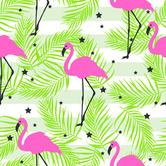 Pink flamingos, stars and palm leaves on a striped background. Seamless summer pattern.