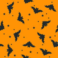 Seamless Halloween Pattern with Bats and Stars on Orange.