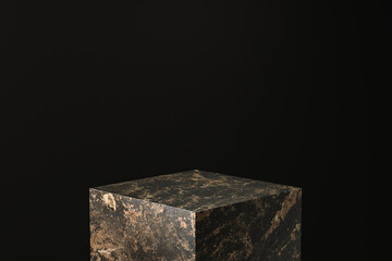 Black marble product display on dark background with advertising backdrops. Empty pedestal podium for showing. 3D rendering.