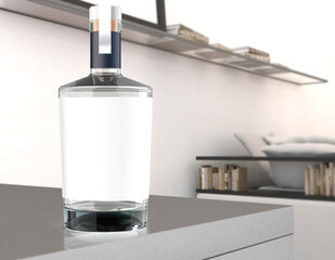 Clear gin or vodka bottle with white label. With room background. 3D rendering