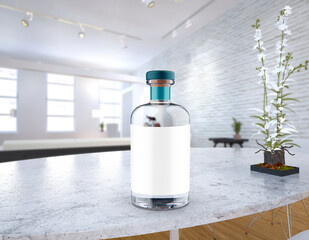 Clear gin or vodka bottle with white label. With room background. 3D rendering