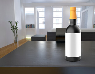Whiskey bottle with white label. With room background. 3D rendering