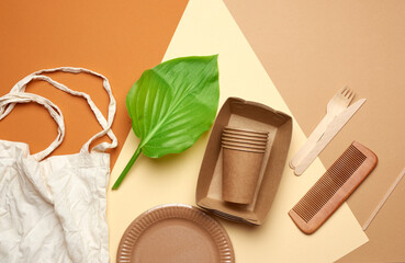 disposable paper utensils from brown craft paper and recycled materials