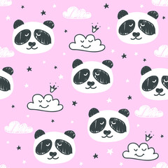 Seamless pattern with cute pandas, clouds, stars. 