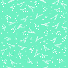 Seamless Christmas pattern with snowflakes and berries, spruce branches.