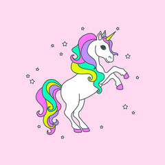 Vector cartoon cute unicorn with  stars, greeting card.