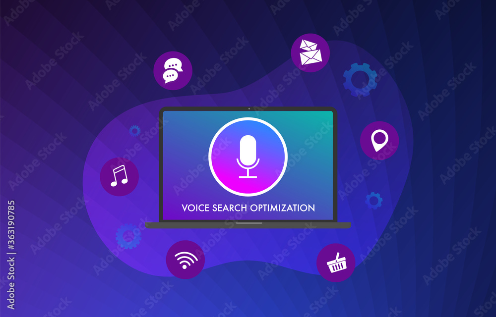 Poster voice search optimization flat vector illustration concept. optimize the site for audio search using