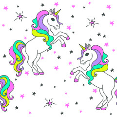 Seamless pattern with unicorns and stars. Baby background.
