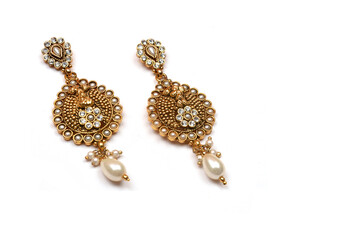 Beautiful Golden pair of earrings,pearls earrings on white background. Luxury female jewelry,...