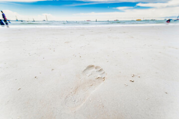 Footprint in Sand Beach, Shadow on the beach, Sand Beach with sunset light, Empty Sand, Space For Text Write