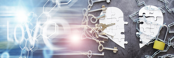 White heart-shaped puzzle. Heart affairs. Undivided love. Broken heart. The key to the heart....