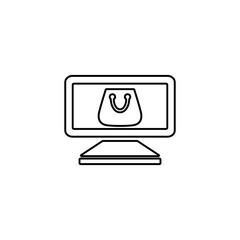 Shopping via computer. E-commerce icon illustration. Online shopping sign.