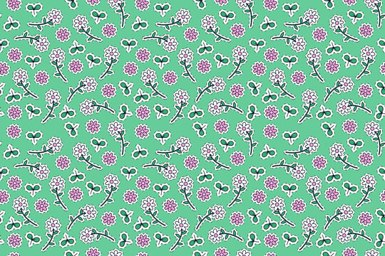 Seamless floral pattern in a cartoonish colorful style. Flowers with black stroke on a white isolated background. Stock illustration for web, print, textiles, wrapping paper, wallpaper and background